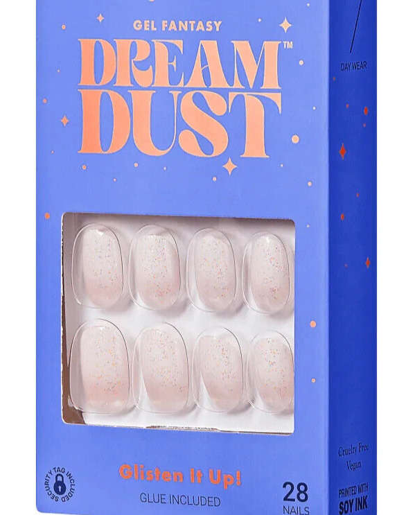 KISS GEL FANTASY FALSE GLUE ON NAILS DREAM DUST  SHORT LENGTH OVAL SILVER SPOON