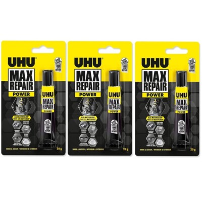 3 x UHU Max Repair Power Adhesive Transparent Glue Water Resistance- 20g Tube