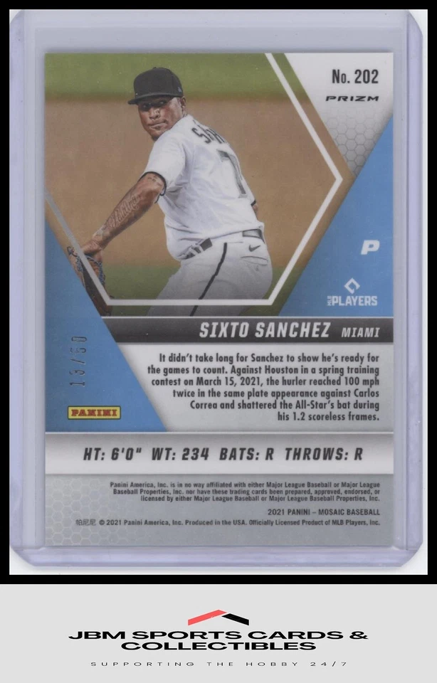 2021 Panini Mosaic #202 Sixto Sanchez Quick Pitch Purple #/50 - Image 2 of 2
