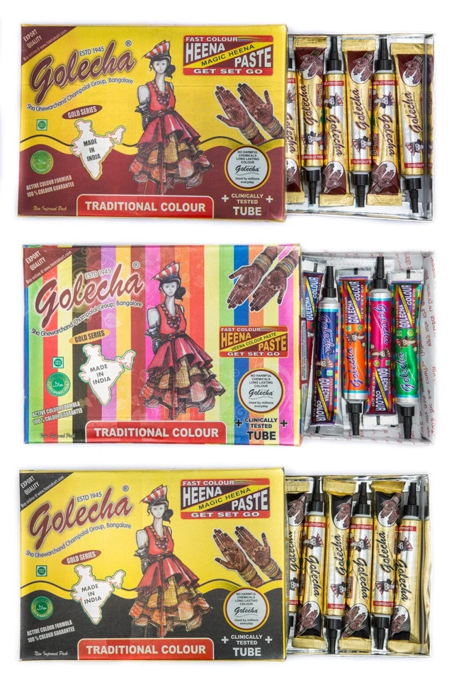 10x Golecha Henna Tubes for Mehndi Tattoo - Various Colours, No PPD, 250g