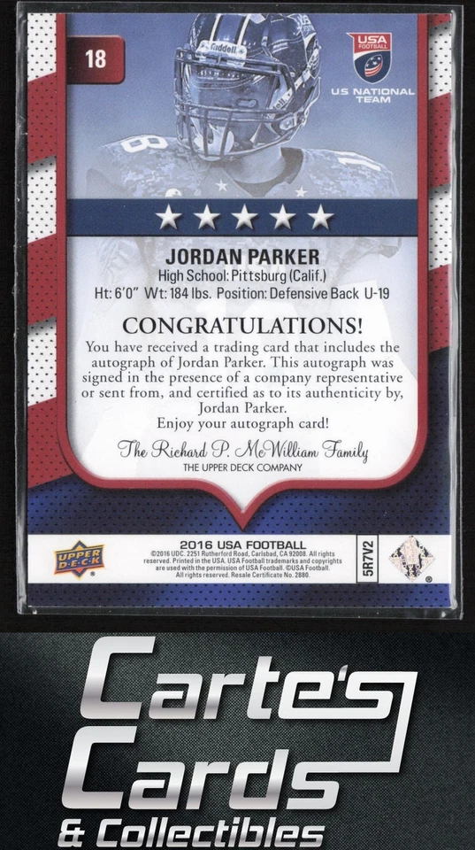 Jordan Parker 2016 Upper Deck USA Football #18 Autographs USA Auto - Image 2 of 2