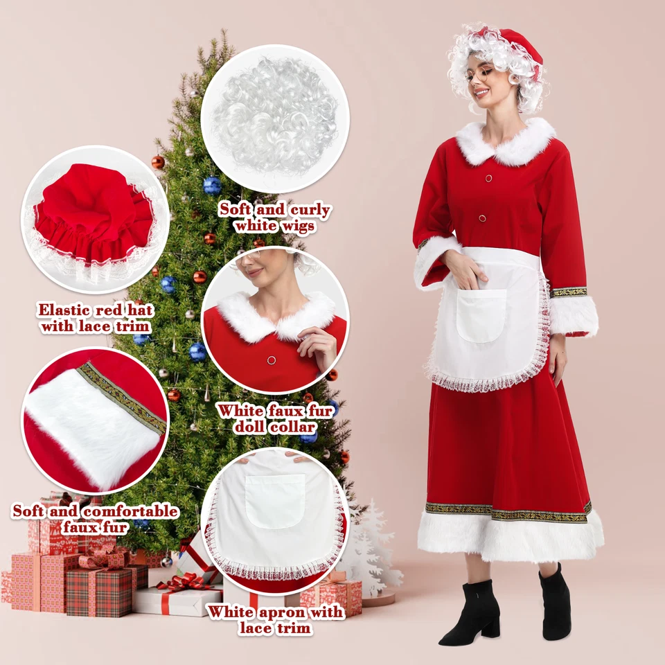 Disfraz de Sra. Claus Adulto Papá Noel Traje Navidad Vestido Elegante Foto 3 de 4