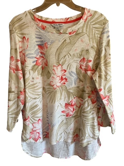 TOMMY BAHAMA Pullover Tunic Top L 3/4 Sleeve Cotton Tropical Floral Knit High Lo