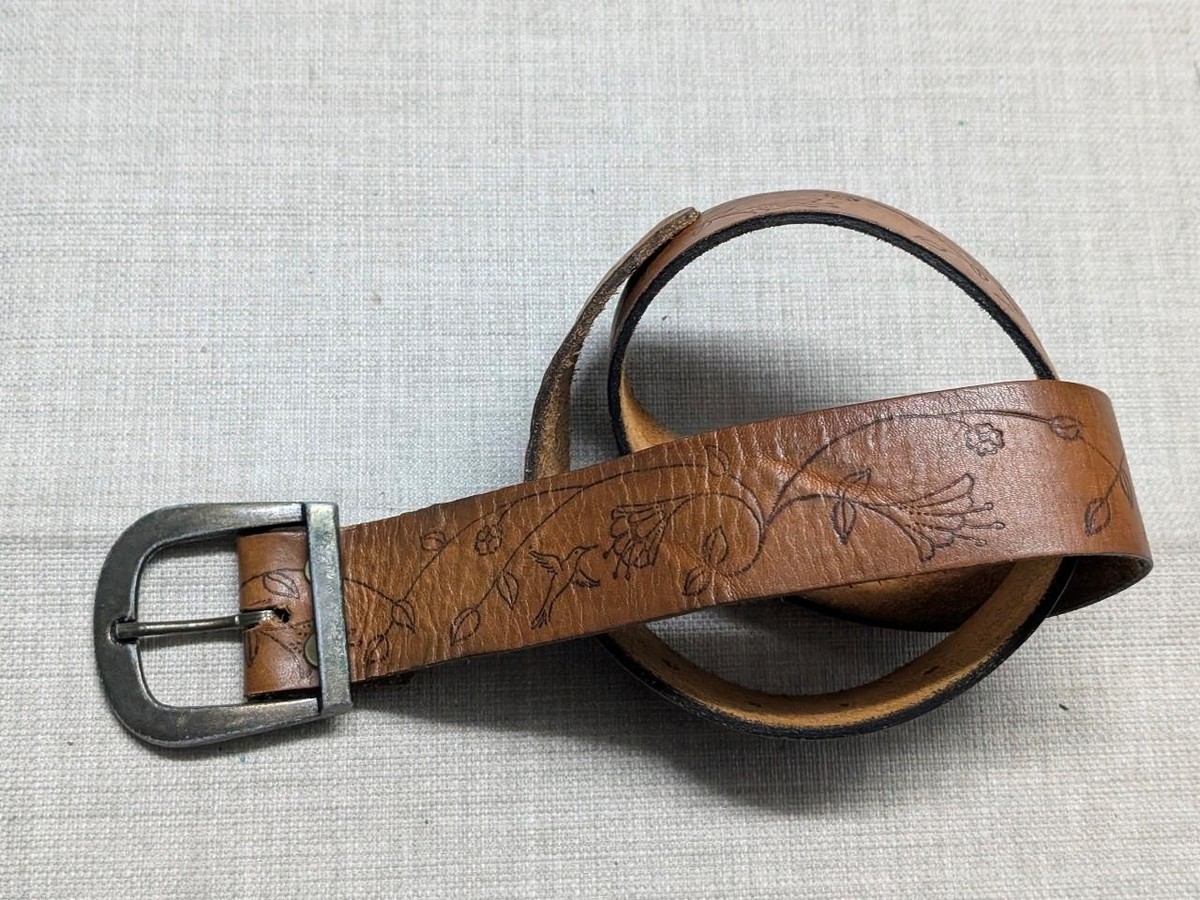 1970s vintage TOOLED leather belt HIPPIE western 30 brown  display picture 2