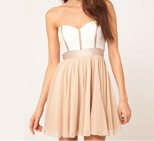 ASOS Strapless Lace Corset Dress White Nude Pleated Tulle Skirt Sweetheart Party