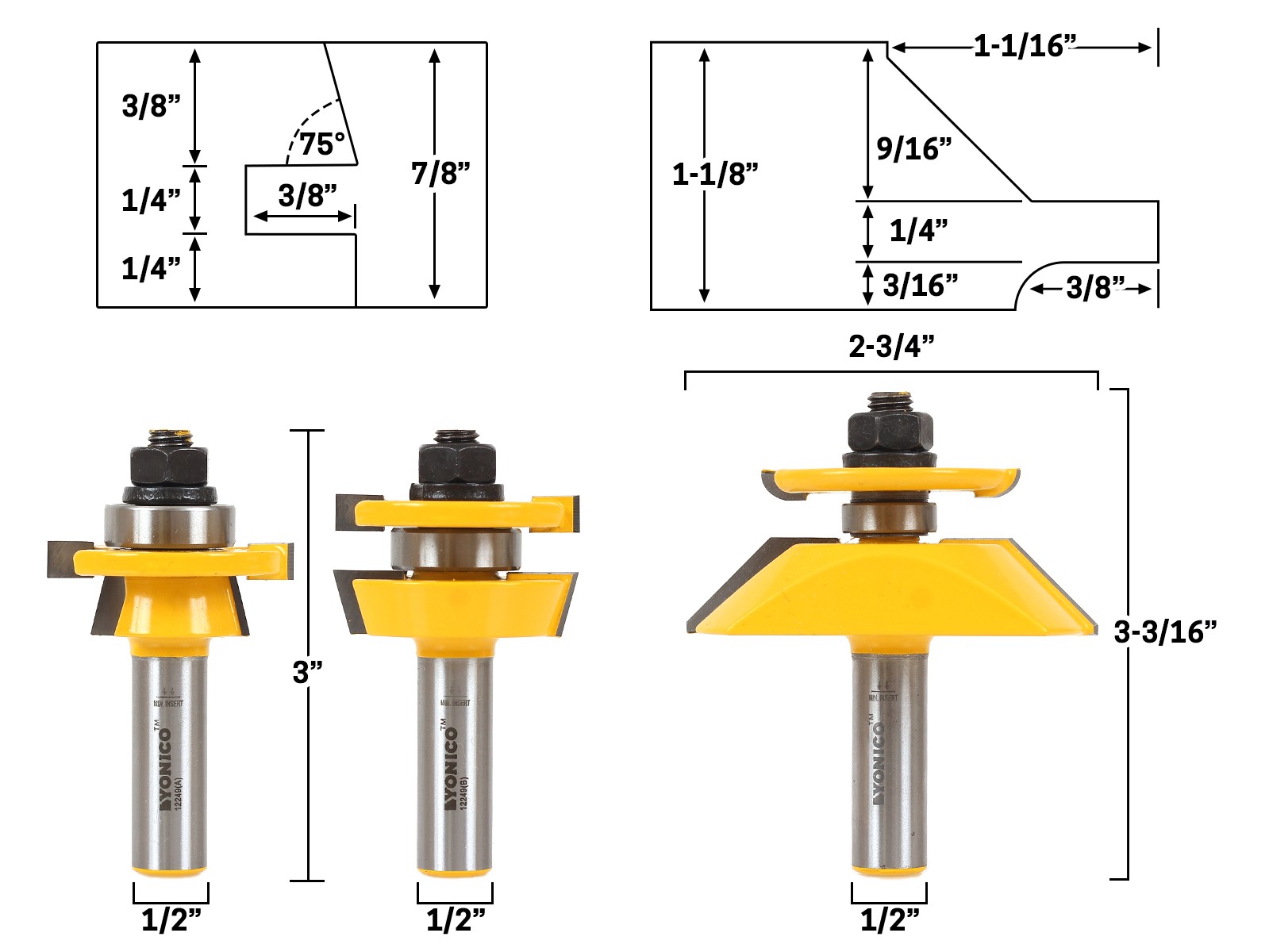 Bevel 3 Bit Cabinet Door Router Bit Set - 1/2" Shank - Yonico 12349