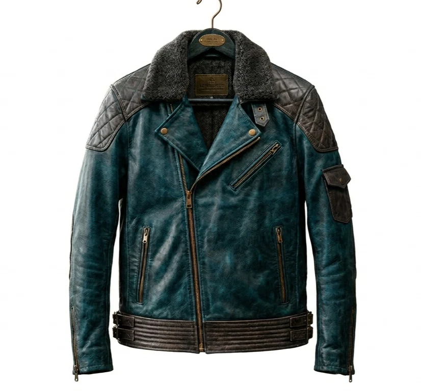 FLUXION Men's Teal Blue Cowhide Jacket | Quilted Top with Fur | Café Racer Coat