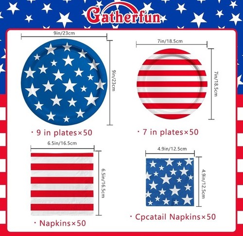 Platos y servilletas de papel desechables con bandera americana patriótica 4 de julio suministros para fiestas - Imagen 2 de 16