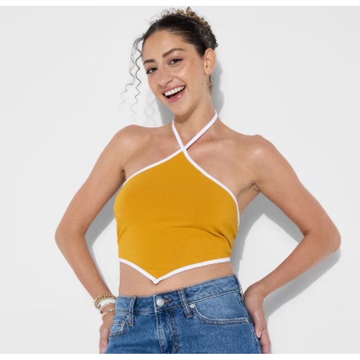 Wild Fable Yellow Handkerchief Halter Top White Ringer Trim Small Sporty Charm