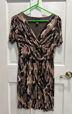ANN TAYLOR V Neck Stretchy Midi Brown Black Pink Dress SIZE 6 PETITE Pre Loved