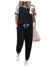 Lounge Sets for Women Two Piece Pajama Set Short Sleeve Crewneck Large Black