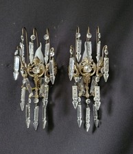 Vintage Antique Pair French Empire Brass Crystal 1 Light Sconces Wall Lights