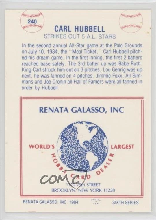 1977-84 TCMA Renata Galasso Series 6 Carl Hubbell #240 HOF - Image 2 of 2