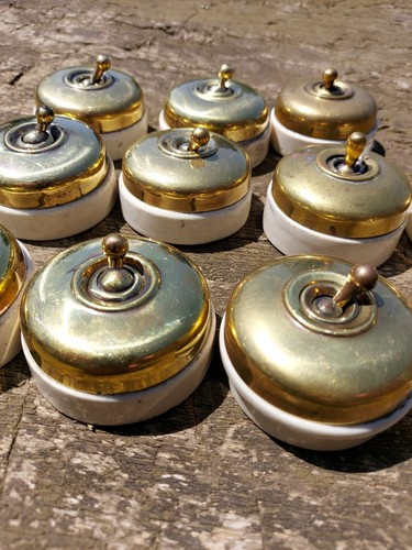 Antique Brass & White Ceramic Light Switch Old Dolly Toggle Vintage x 11 similar - Picture 8 of 23