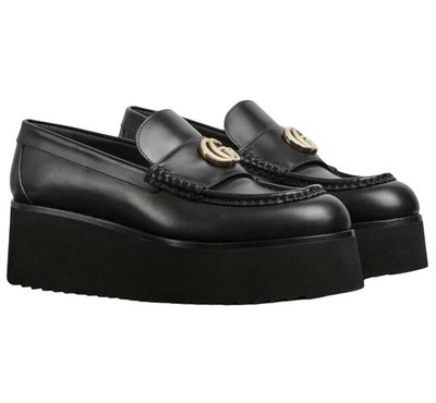 Authentic Gucci Black Leather Double G  Creeper Platform Loafer 816326 New $1250