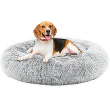 New Fluffy Calming Dog Bed Round Plush Anti Anxiety Pet Mat Grey Small