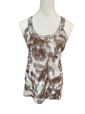 INC International Concepts Sequin Trimmed Tank Top Size XS Brown Tan Cream EUC