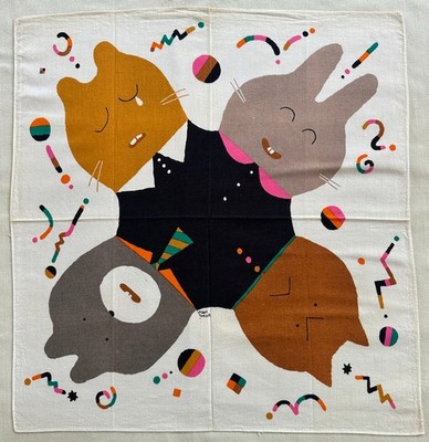 VTG Handkerchief Playful Geometric Faces Cat Rabbit Bear Dog Cotton Bandana 20''