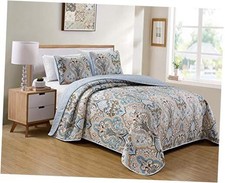 Bedspread Set Damask Pattern Light White Beige and Brown New King/Cal King Blue
