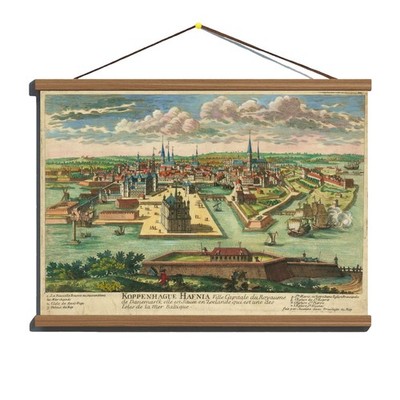 Antique 1698 Panoramic Map View of Copenhagen; Canvas, Magnetic Wooden Hanger