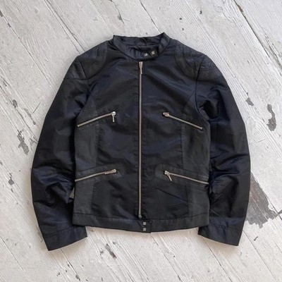 Vintage Y2K Studded Biker Jacket Black Nylon & Leather Conbipel Made in Italy