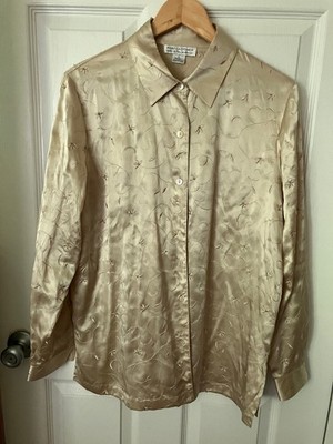 REAL CLOTHES Saks Fifth Avenue  Silk Beige Embroidered Collared Ladies' Blouse L