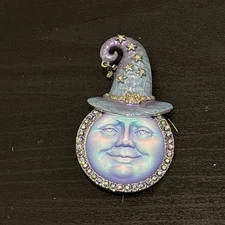 Kirks Folly Mystic Blue Iridescent Moon Face Brooch/ Pin Pendent Witch Hat