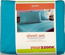 Your Zone Queen Size Sheet Set, 60 Cotton/40 Polyester, Peacock Plume Blue