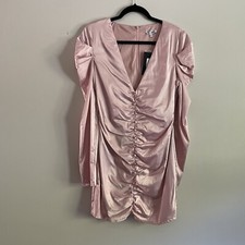 Fashion Nova M Pink Satin Puff Sleeves Romantic Nights In Paris Mini Dress NWT