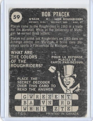 Bob Ptacek Saskatchewan Roughriders 1964 Topps CFL Football Card
