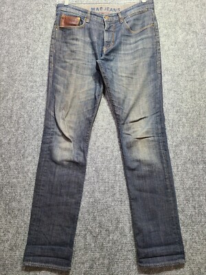 MAC Arne Pipe Jeans Mens 32x34 Blue Denim Whiskering Washout Distressed  Look