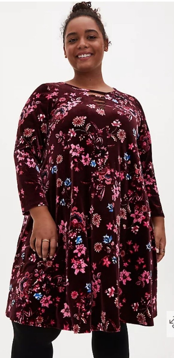 burgundy dress torrid NWT Torrid Plus Size 1 1X 14/16 Burgundy Floral Velvet Ladder Neck Dress