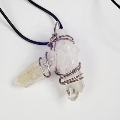 black leather cord necklace sterling silver wire wrapped quartz