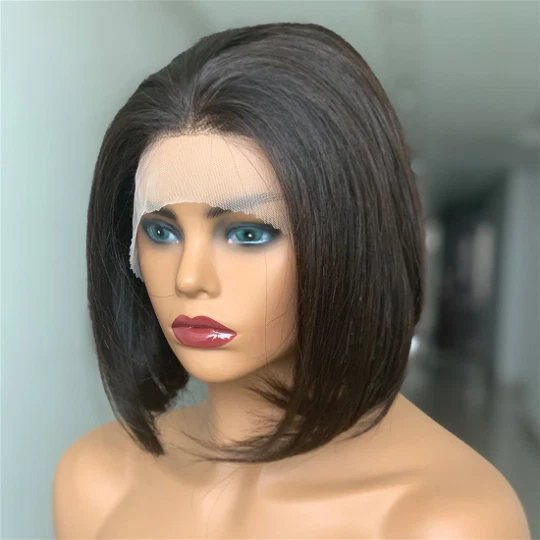 Peluca de cabello humano virgen frontal de encaje suizo Bob 13x4 de 10" peluca recta brasileña Foto 2 de 4