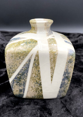 Signed Studio Pottery Ceramic 4.5'' Cube Bud Vase, Grey/Green/Taupe/Cream