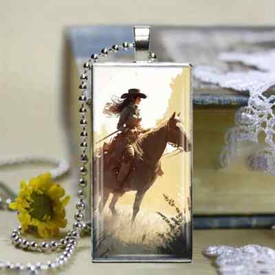 Creative Girl Riding Horse Pattern Rectangular Pendant Necklace
