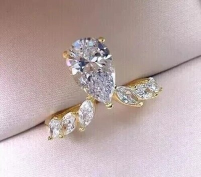 2Ct Pear Cut Simulated Diamond Womens Anniversary Ring 14K Yellow Gold Finish