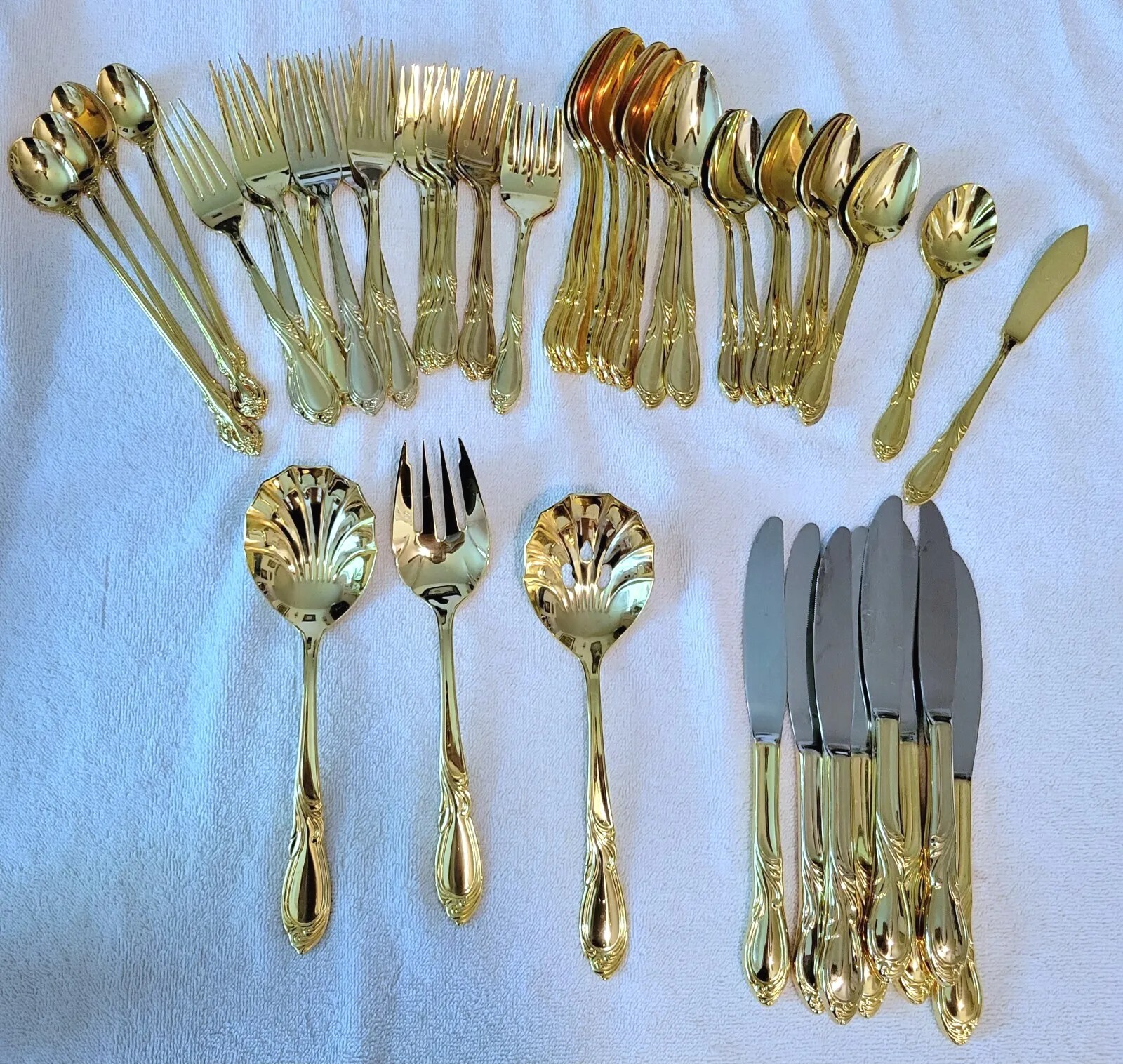 Vintage Retroneu Gold Flatware Korea 49 Piece Set Serving Spoons Fork