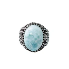 NATURAL DOMINICAN LARIMAR SOLID 925 SILVER HEAVY ARABIC DESIGN SIGNET MENS RING