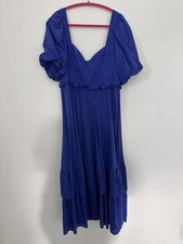 Farm Rio Dress Womens Large Blue Puff Sleeve Sweetheart Ruffle Midi Tiered Flowy