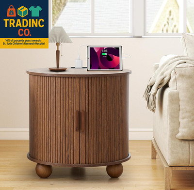 24'' Large round End Table with Charging Station, Farmhouse Fluted Sofa Side Tabl
