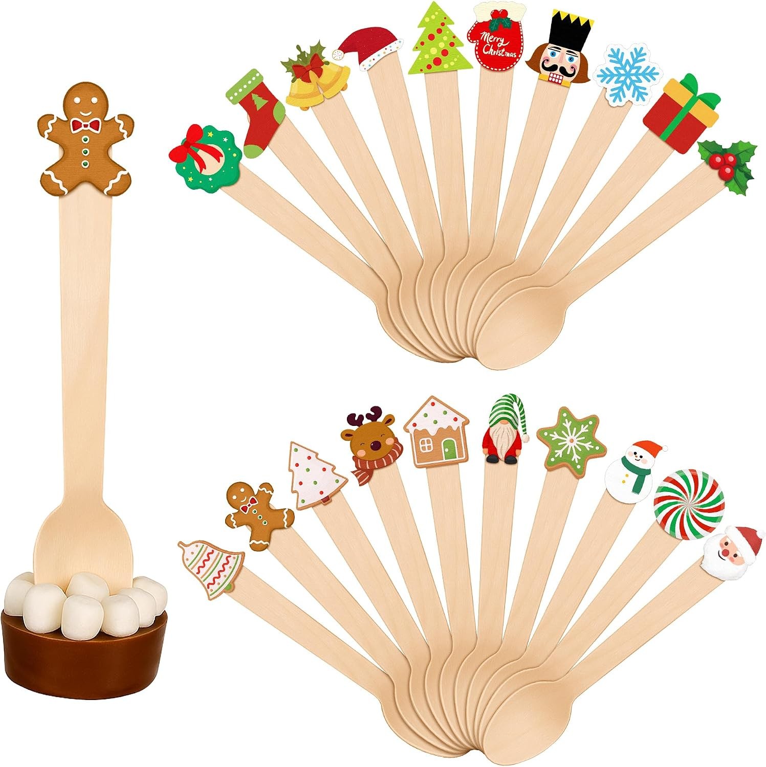 40 Pcs Christmas Hot Chocolate Wooden Spoons, 5.6'' Christmas Disposable