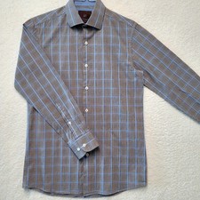 Tattersall London Mens Checkered Tan Long Sleeve Button Down Shirt 15 1/2 32/33