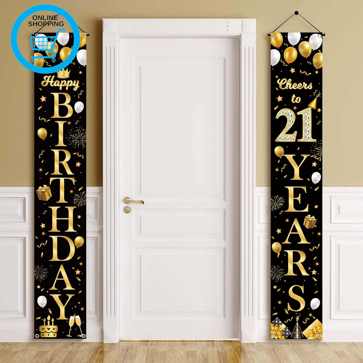 21St Birthday Decorations Door Banner - Black Gold Happy 21St Birthday Party Dec
