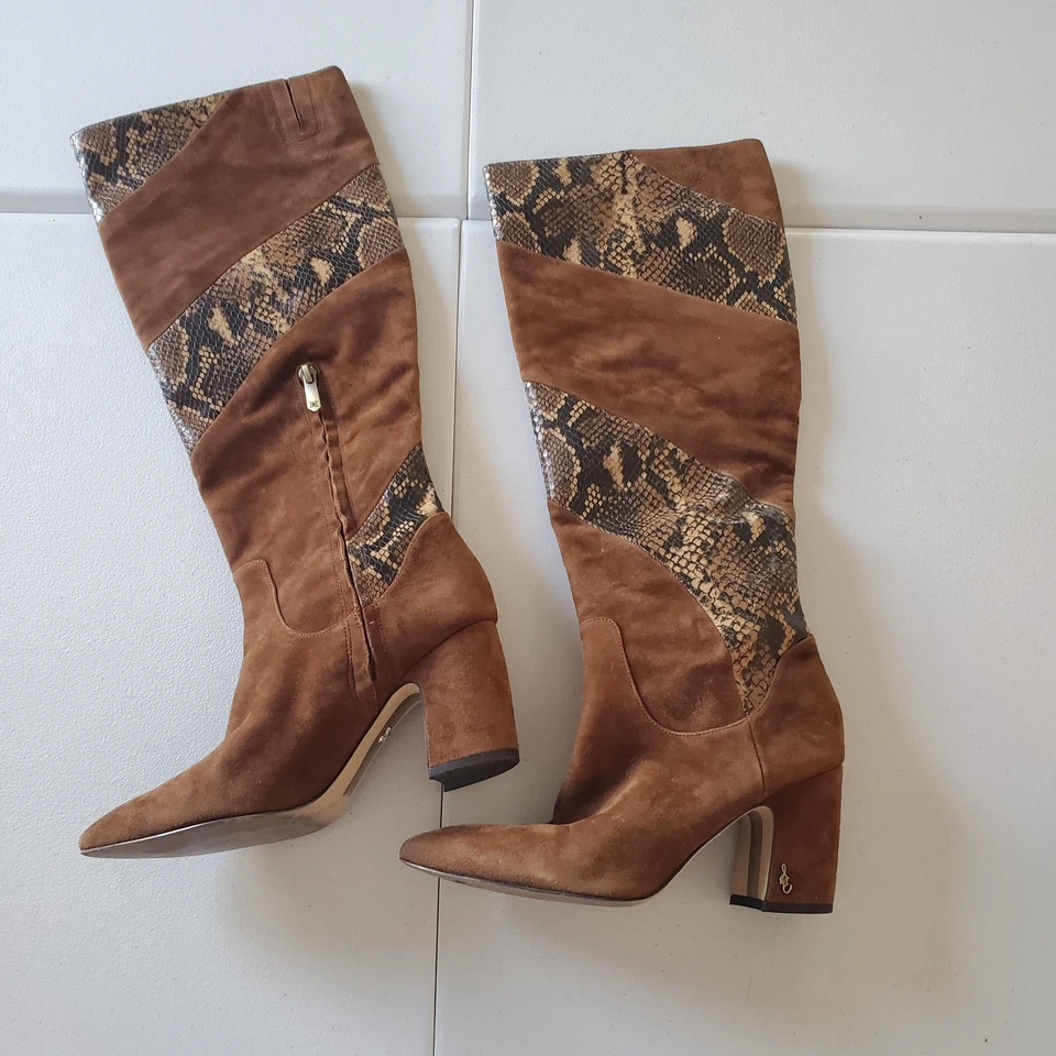 Botas Sam Edelman para mujer talla 7,5 marrón estampado de serpiente gamuza tacón alto cremallera Foto 2 de 4