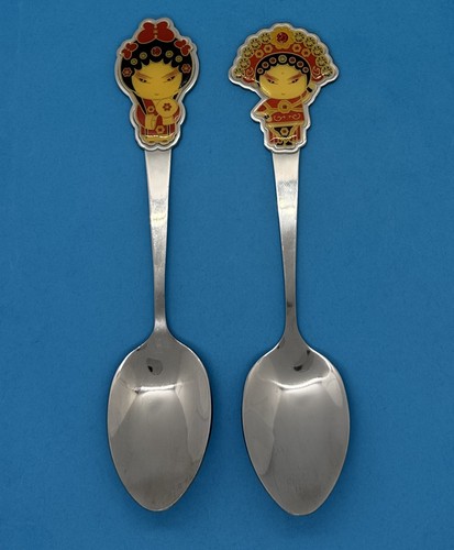 Set of 2 Beijing Opera House Chinese Doll Spoons Host Flatware 7-1/4"