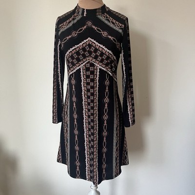 Free People Stella Graphic Print Long Sleeve Mock Neck Zip-Up Mini Dress EUC XS