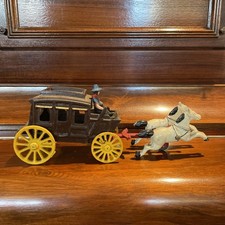 Antique Cast Iron toy stagecoach 2 White horses w driver western cowboy