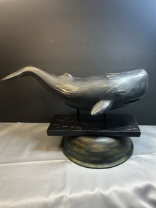 Resin Sperm Whale Sculpture Distressed Black & Gold Mounted on Base Terre&Tagus 