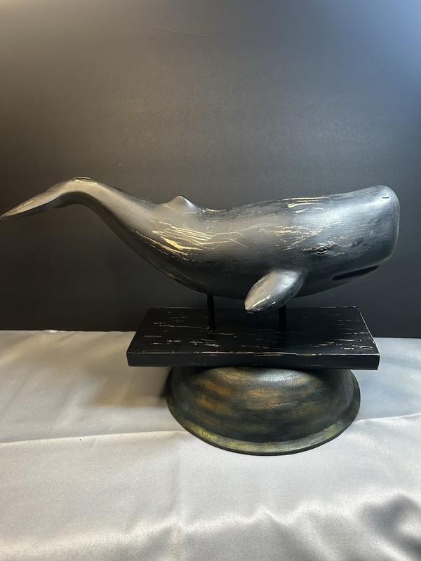 Resin Sperm Whale Sculpture Distressed Black & Gold Mounted on Base Terre&Tagus 